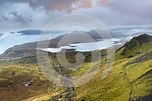The Old Man of Storr drone view on Scotlandâ€™s Isle of Skye, Scotland