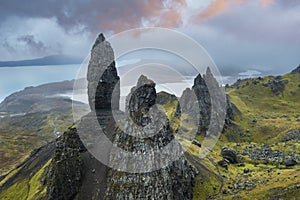 The Old Man of Storr drone view on Scotlandâ€™s Isle of Skye, Scotland