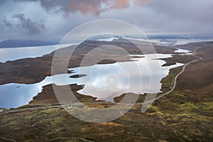 The Old Man of Storr drone view on Scotlandâ€™s Isle of Skye, Scotland