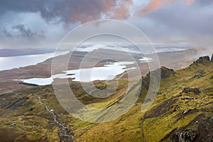 The Old Man of Storr drone view on Scotlandâ€™s Isle of Skye, Scotland