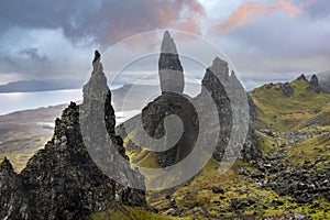 The Old Man of Storr drone view on Scotlandâ€™s Isle of Skye, Scotland