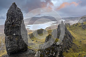 The Old Man of Storr drone view on Scotlandâ€™s Isle of Skye, Scotland