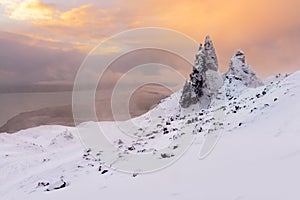 Old Man of Storr on the Isle of Skye, Scotland, UK. Taken at sunrise after a nights snowfall.