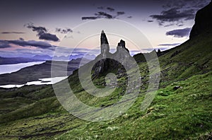 Old man of Storr photographed at blue hour.Famous landmark on Isle of Skye, Scotland