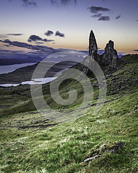 Old man of Storr photographed at twilight.Famous landmark on Isle of Skye, Scotland