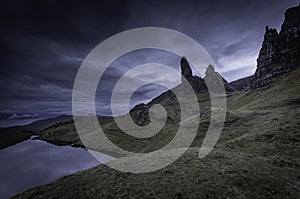 Old man of Storr photographed at twilight.Famous landmark on Isle of Skye, Scotland,UK