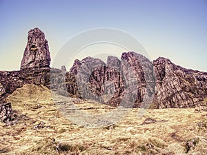 Old Man of Storr rocks with clear sky Isle of Skye Scotland, February morning