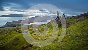 Old man of Storr, Scottish highlands in a cloudy morning, Scotland, UK