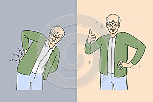 Old man suffer from backache before and after