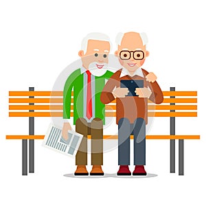 Old man with tablet. Two older men are sitting on bench and smiling watching news on screen of digital device. Elderly businessman