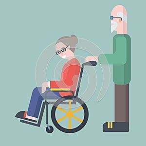 Old man take care of elderly woman on wheelchair vector illustration