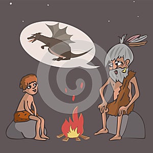 Old man tells fairy tale near the fire