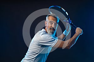 Old man. Tennis player banner on the black background. Tennis template for ads with copy space. Mockup for betting