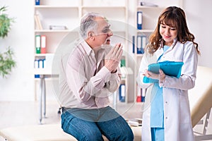 Old man visiting young female doctor for plastic surgery