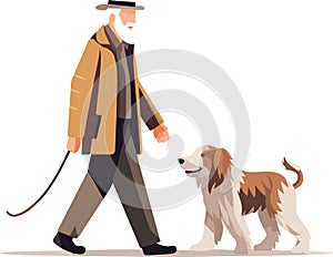 An old man walking with his cute dog. Happy pet owner. Adorable dog friend. Flat vector illustration.