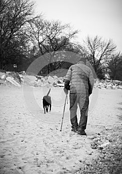 Old man walking with his dog on a beach