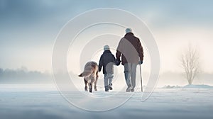 Old man walking on a snowy country road with his grandson and dog. Family taking a walk. Generative AI