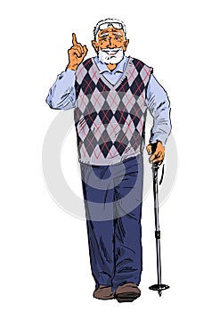 Old man walking with a tracking stick. Fitness for elderly people. Active senior is hiking. Vector illustration isolated