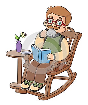 an old man was relaxing sitting in a rocking chair reading a book and drinking a cup of coffee