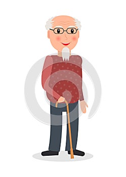 Old man wearing glasses and with walking stick.