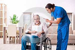 Old man in wheel-chair and young bad caregiver indoors