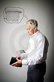 Old man in white and empty wallet. Heating season, one dollar, heavy expenses, taxes and accounting concept