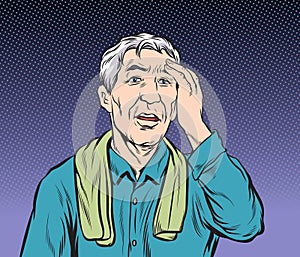 The old man who lost his memory didn`t remember anything.Pop art vector illustration drawing. Comic book work style