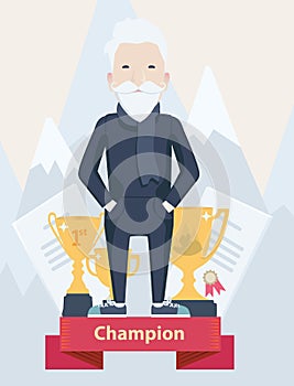 Old man on a winners podium in sport