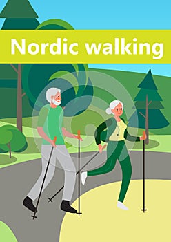 Old man and woman doing nordic walking together in public park.