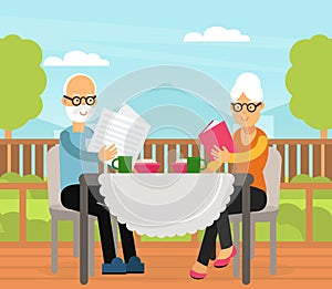 Old Man and Woman Drinking Tea on Terrace and Reading Newspaper Vector Illustration