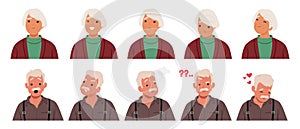 Old Man and Woman Face Expressions And Emotions. Male or Female Characters Feel Joy, Sorrow, And Confusion, Smile