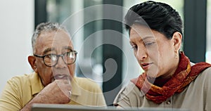 Old man, woman and laptop or explain in home for retirement planning for online bills, pension or asset management. Male