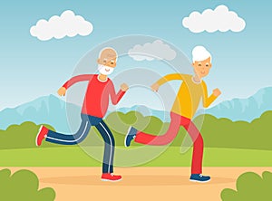 Old Man and Woman Running in the Park Doing Sport Vector Illustration