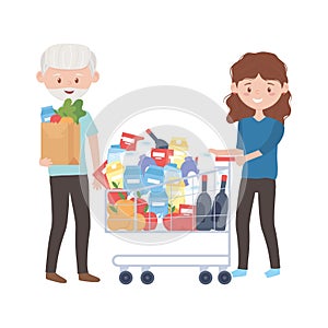 Old man and woman shopping with cart and bag vector design