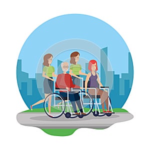 old man and woman in wheelchairs with helpers