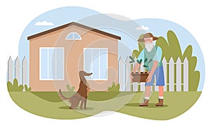 Old man working in house farm garden, cartoon elderly worker gardener character carrying box