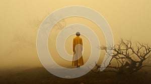 Yellow Cloak In Surreal Field: An Otherworldly Scene photo