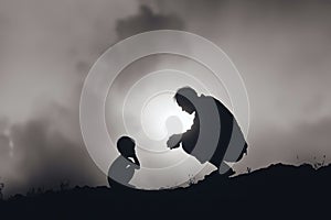 Old man and young boy exchange glances, concept of life and death, black and white, generative ai