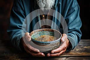 Old mans hands clasp empty bowl on wood, conveying the plight of poverty