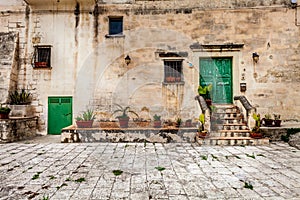 Old mansion in the town of Matera in Italy. Facade of an ancient palace of medieval origin