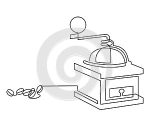 Old manual coffee grinder made of metal and wood with coffee beans on and around the grinder. Retro style. Continuous line drawing