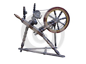 Old manual wooden spinning-wheel distaff isolated on white