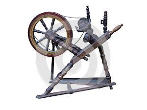 Old manual wooden spinning-wheel distaff isolated on white