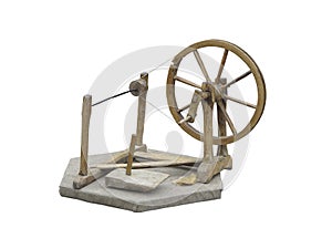 Old manual wooden spinning-wheel distaff isolated on white