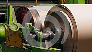 Old Manufactoring equipment Produce Paper Machine Shafts At Paper Mill. equipment. Paper Production. rolling rolls. photo