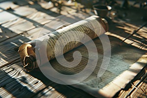 Old manuscript papyrus scroll historical knowledge on ancient table