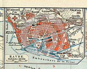 Old map of 1890, the year with the plan of the French city of Le Havre.