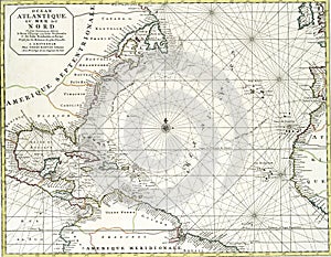 Old map of the Atlantic Ocean and American states from an 18th century atlas