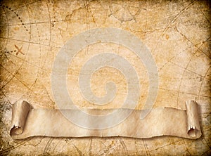 Old map background with blank scroll paper banner