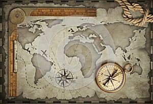 Old map background with compass, rope and ruler. Adventure and travel concept. 3d illustration.